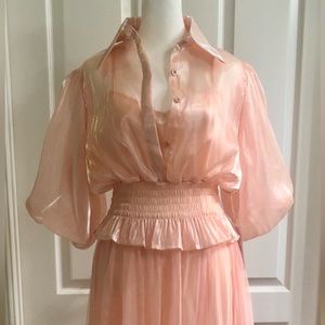 Danielle Emon shirt with train. Size Large. Soft, shimmery pink.